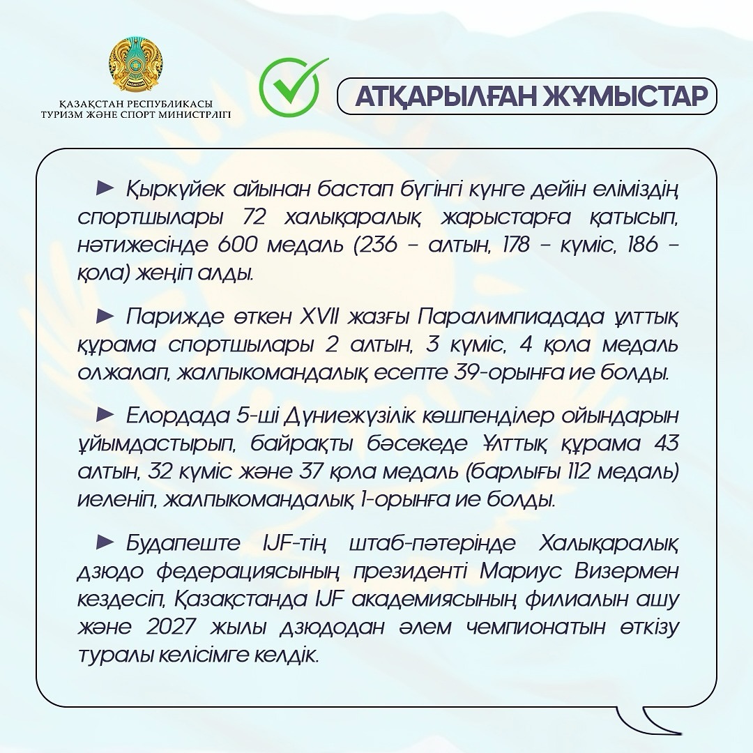 Бүгін ҚР Туризм және спорт министрі қызметіне кіріскеніме 100 күн толып отыр. Осы уақыт аралығында Мемлекет басшысының тапсырмаларына сәйкес нақты мақсаттар қойылып, соларды жүзеге асыру бағытында бірқатар маңы (1).jpg